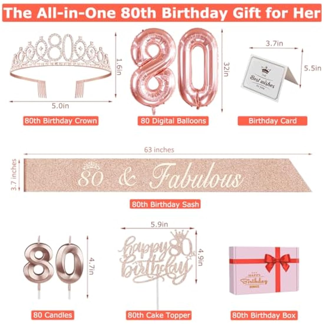 Amosking 80th Birthday Decorations for Women | Rose Gold Tiara and Sash Set
