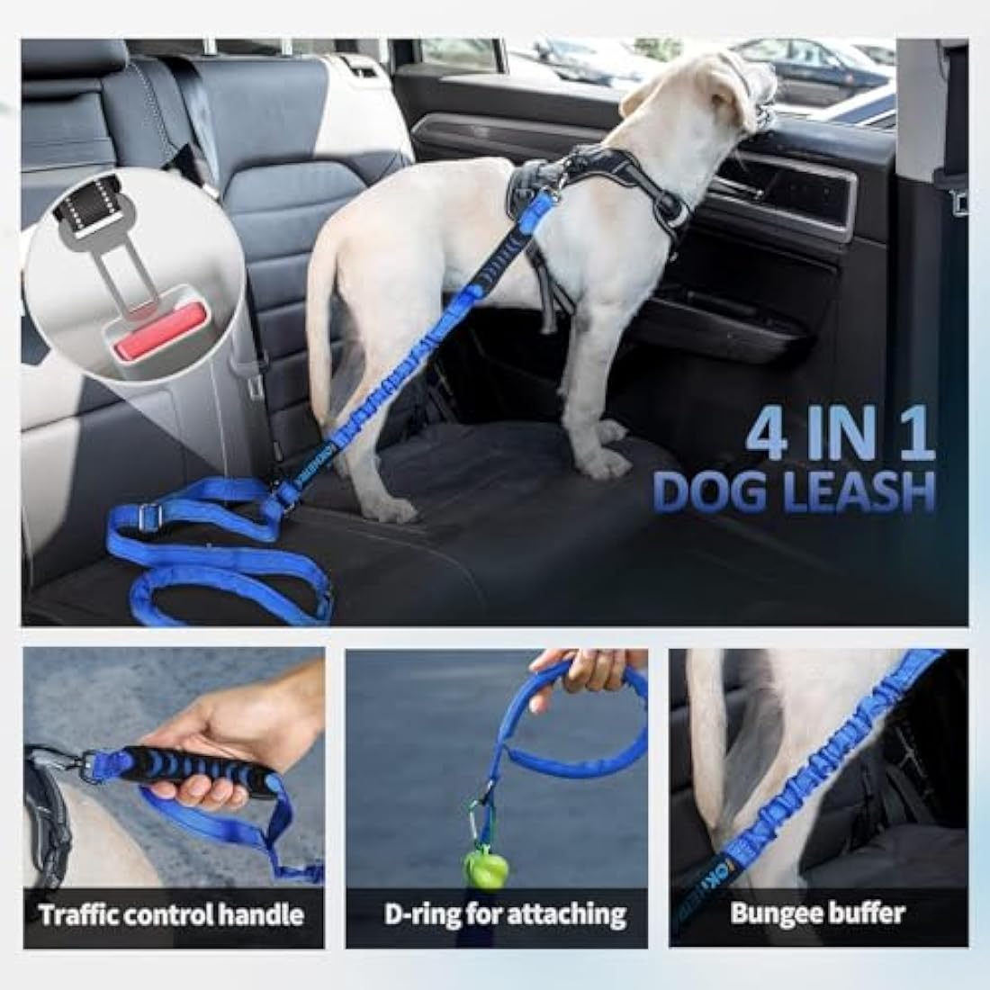 IOKHEIRA Bungee Dog Leash – Anti-Pull Lead with Car Seat Belt Buckle