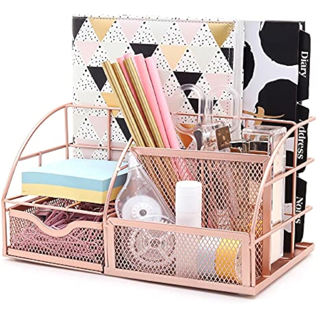 Exerz Mesh Desk Organiser | 7-Compartment Metal Tidy Caddy – Rose Gold