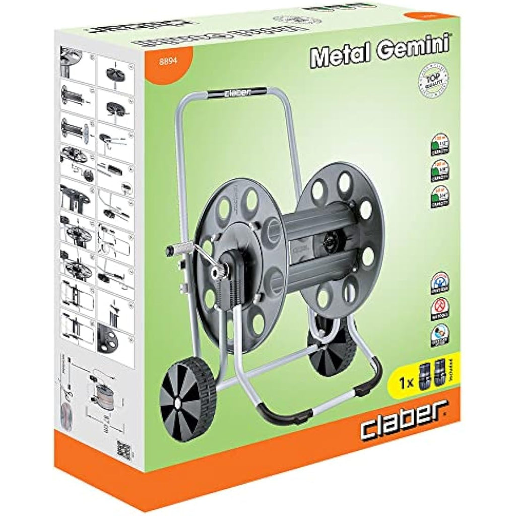 Claber Metal Gemini Hose Reel Cart – Heavy-Duty 130m Capacity