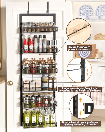 TOPWE 6-Tier Over Door Spice Rack | Adjustable Metal Pantry Organizer