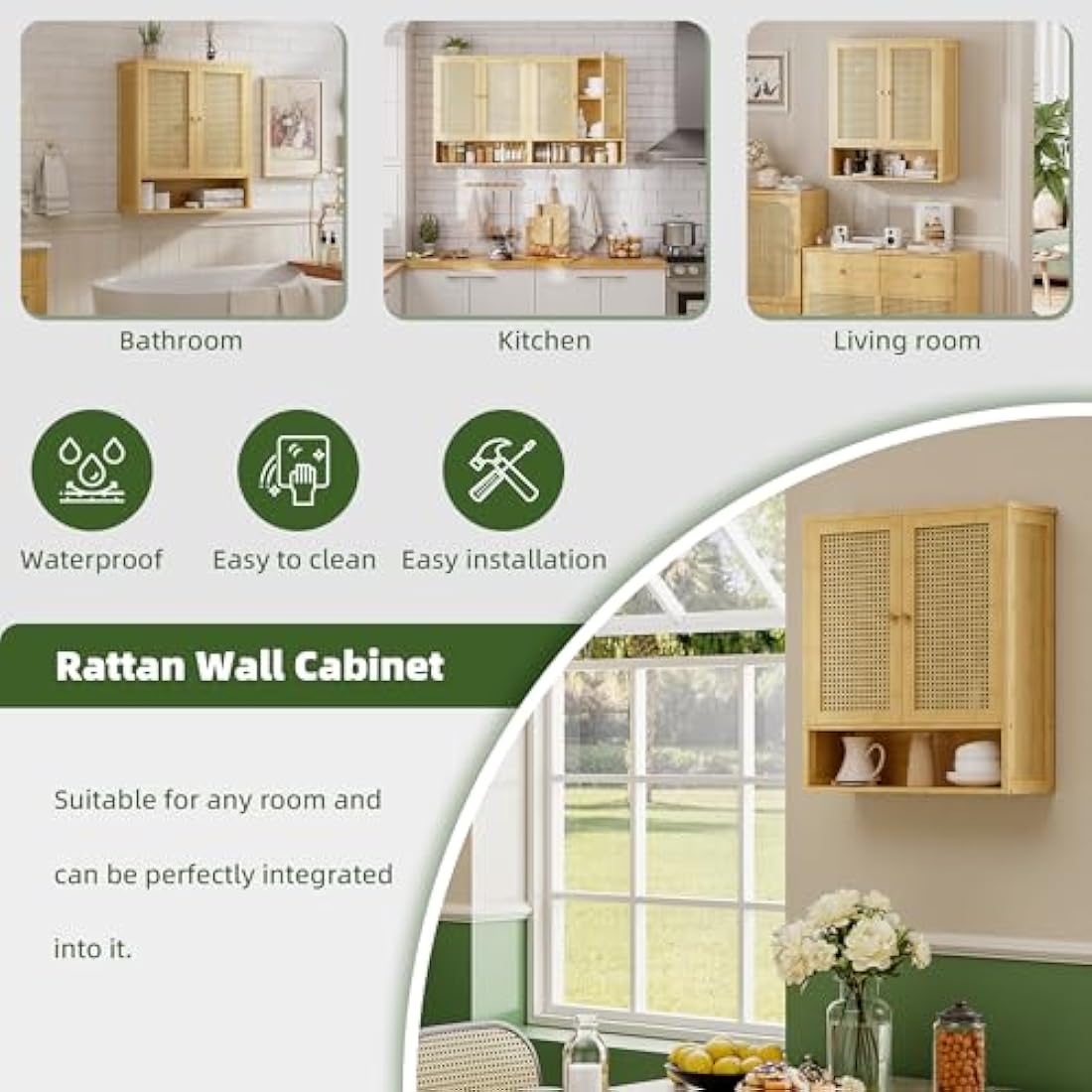 vovala Bamboo Bathroom Wall Cabinet | Rattan Over-The-Toilet Storage