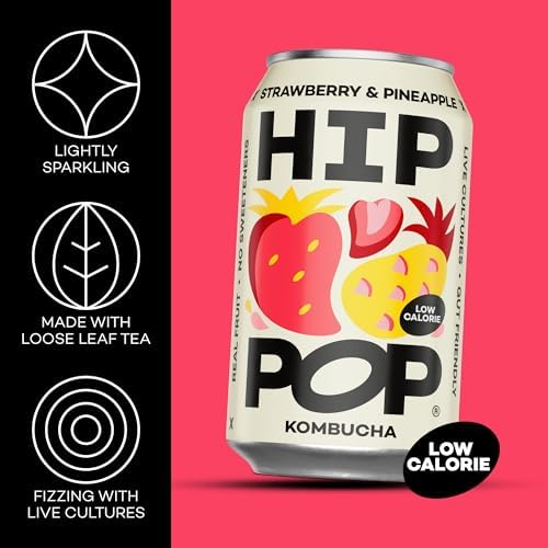Hip Pop Strawberry & Pineapple Kombucha – Vegan Probiotic Drink, 24 x 330ml