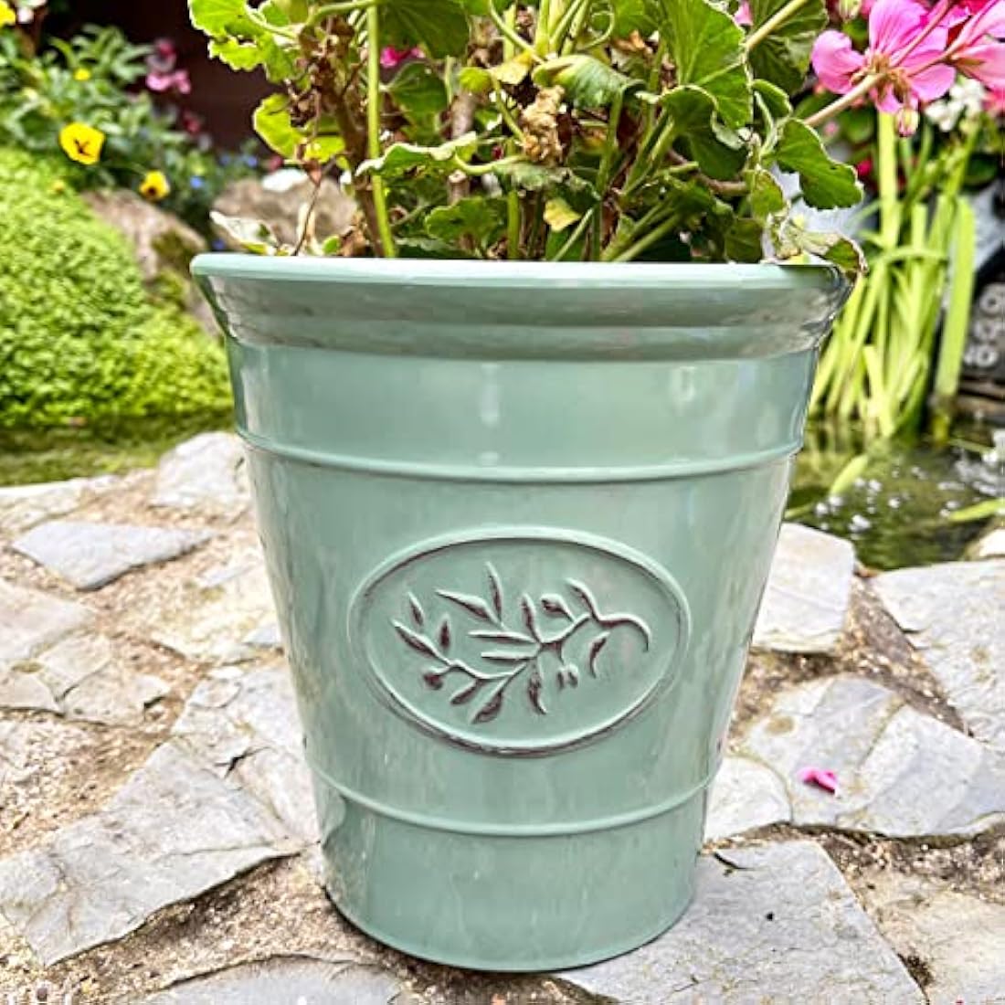 Jolof Store Round Plastic Flower Pot – Glossy Ceramic Effect Planter, Green