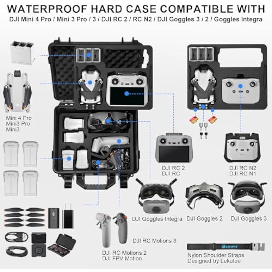 Lekufee Waterproof Hard Case for DJI Mini 4 Pro & Mini 3 – IP67 Shell