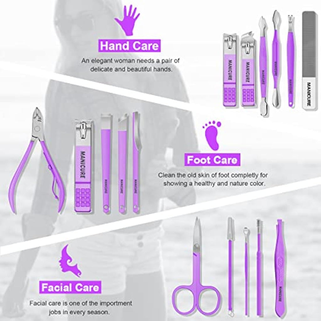 16-Piece Stainless Steel Manicure Set with Leather Case – Violet