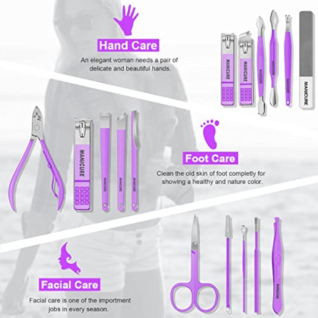 16-Piece Stainless Steel Manicure Set with Leather Case – Violet