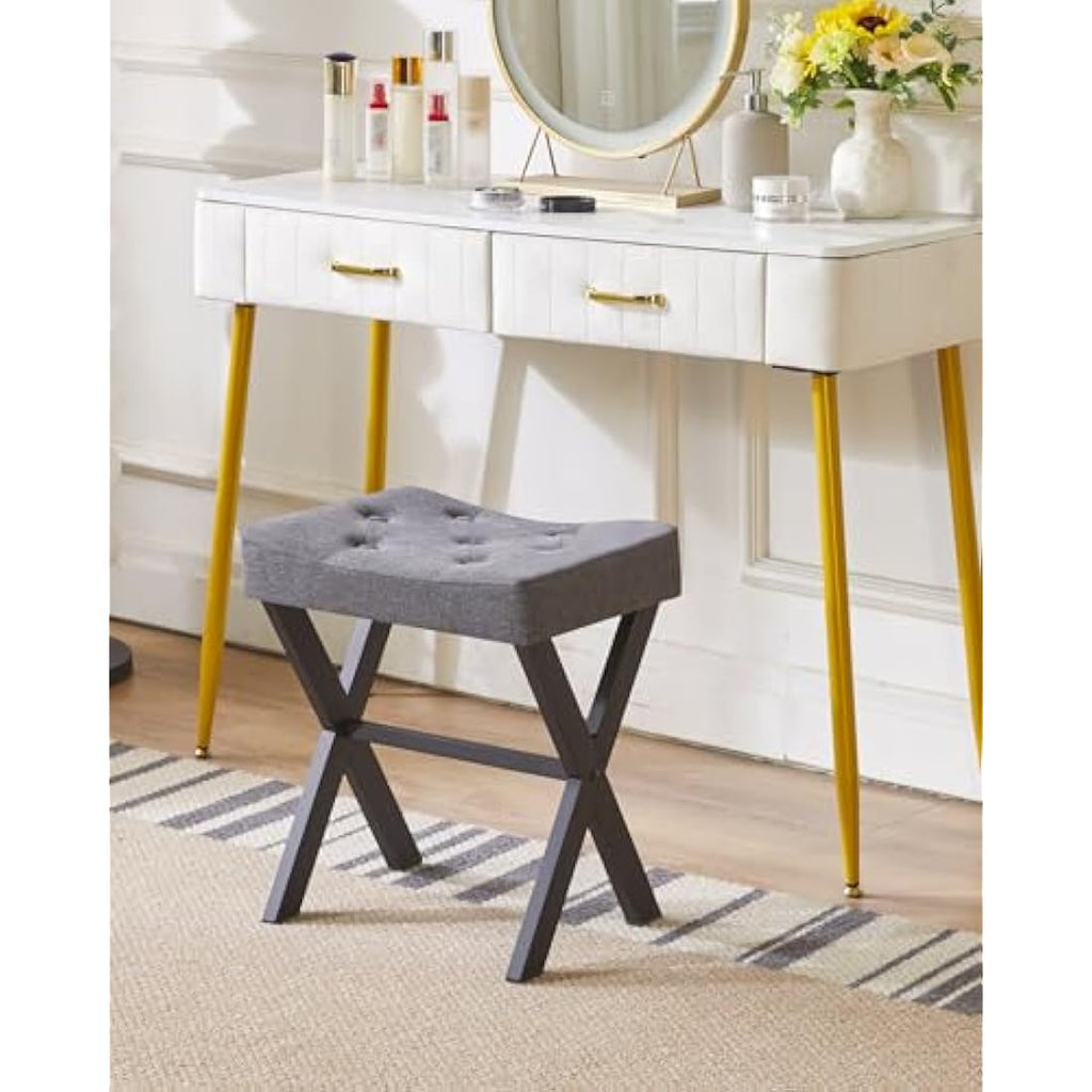 IBUYKE U-Shaped Linen Vanity Stool – Dark Gray Square Makeup Ottoman