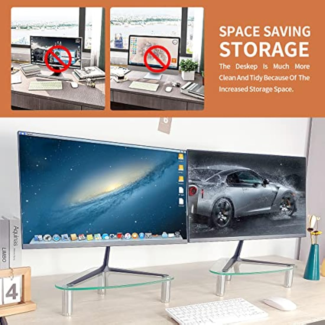 Hemudu 2-Pack Triangle Monitor Stand Riser | Tempered Glass Corner Desk