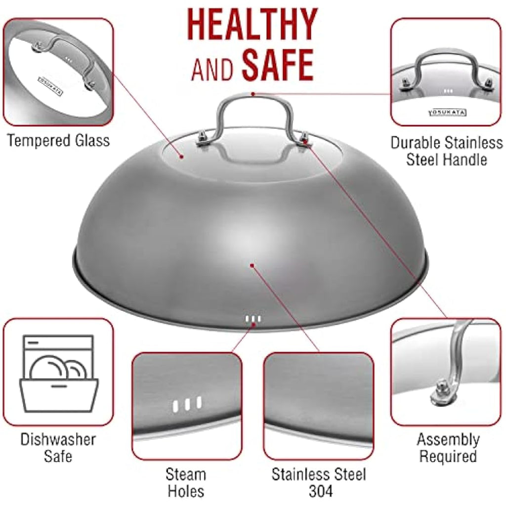 Yosukata 32.5cm Stainless Steel Wok Lid with Tempered Glass and Steam Vent
