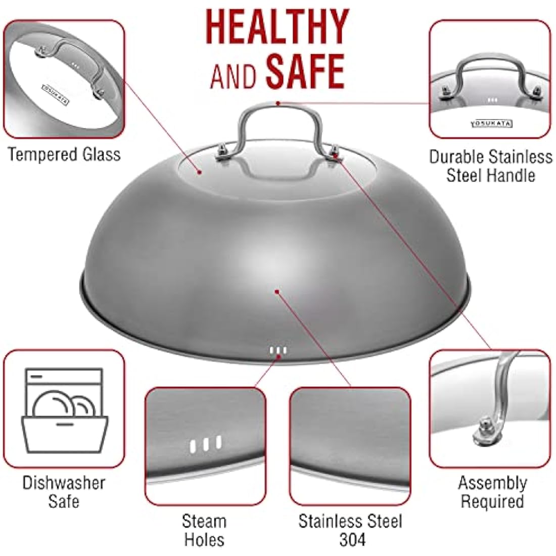 Yosukata 32.5cm Stainless Steel Wok Lid with Tempered Glass and Steam Vent