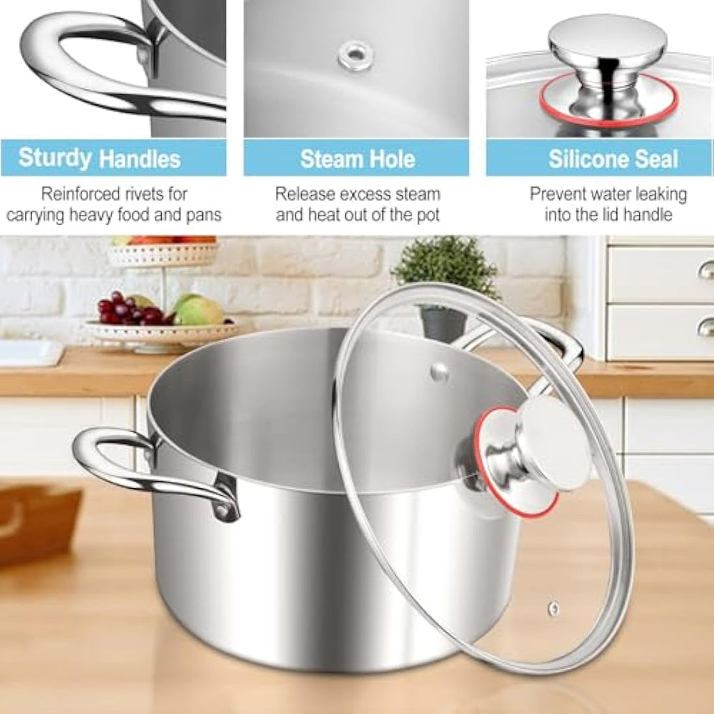 HaWare 4.5L Tri-Ply Stainless Steel Stock Pot with Glass Lid | Induction
