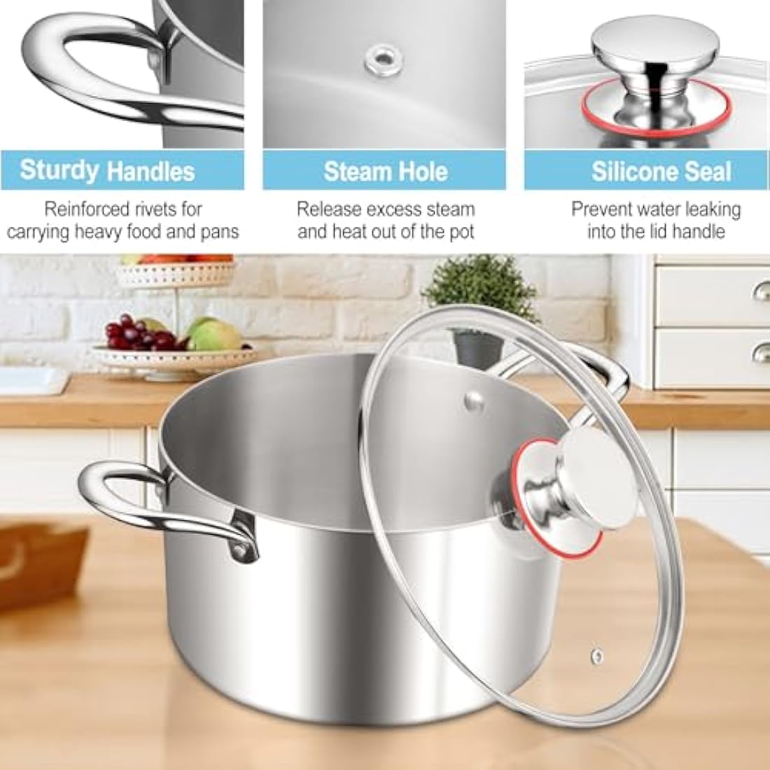 HaWare 4.5L Tri-Ply Stainless Steel Stock Pot with Glass Lid | Induction