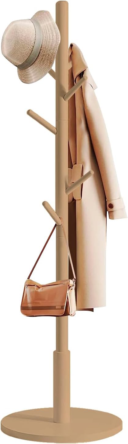 edihome, Coat Stand with Round Base, Freestanding Coat Rack with 8 Hooks, 172 x 38 x 38 cm, Wooden Hall Tree for Coats, Hats, Jackets - image 1