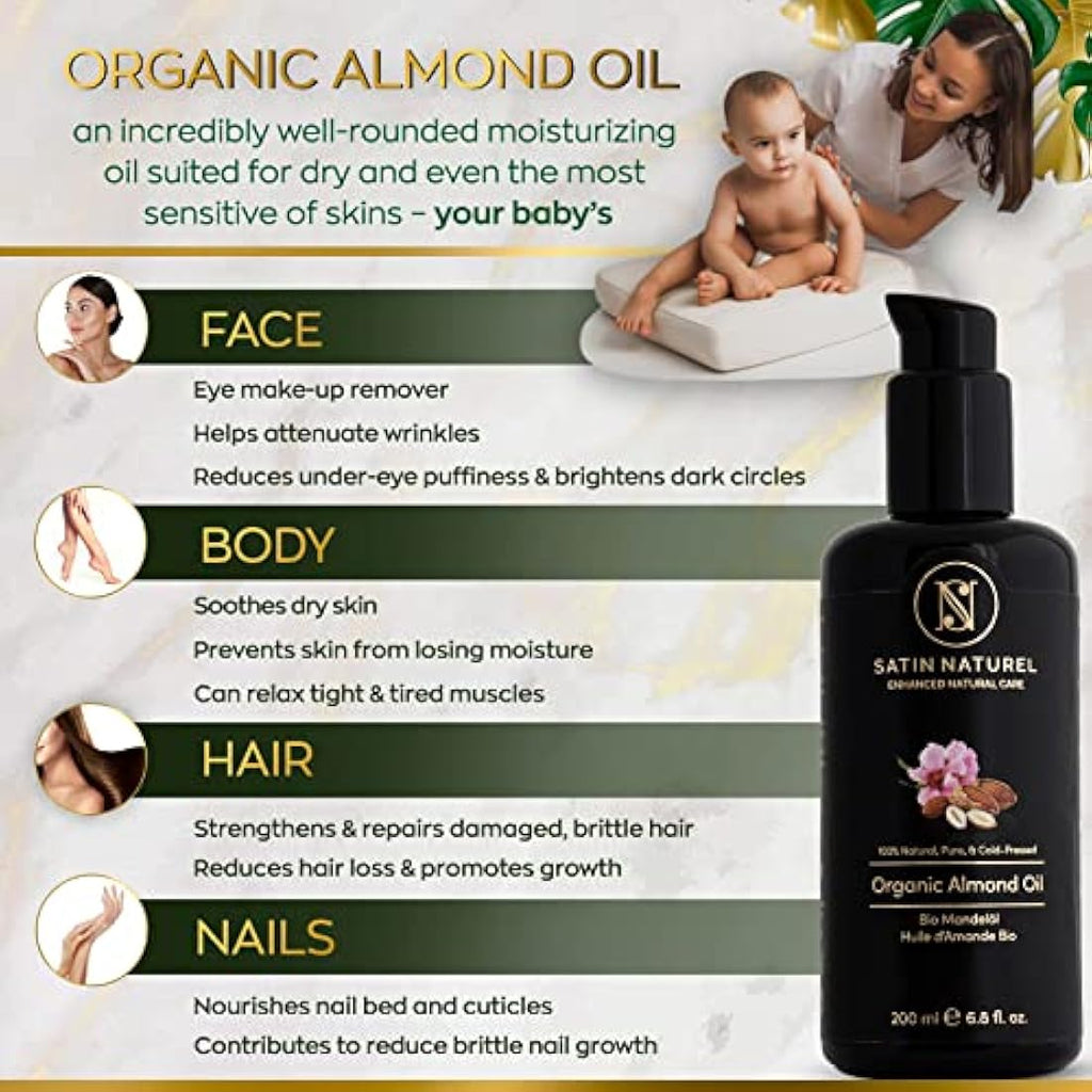 Satin Naturel Organic Almond Oil – 200ml Cold-Pressed Vegan Skin Care