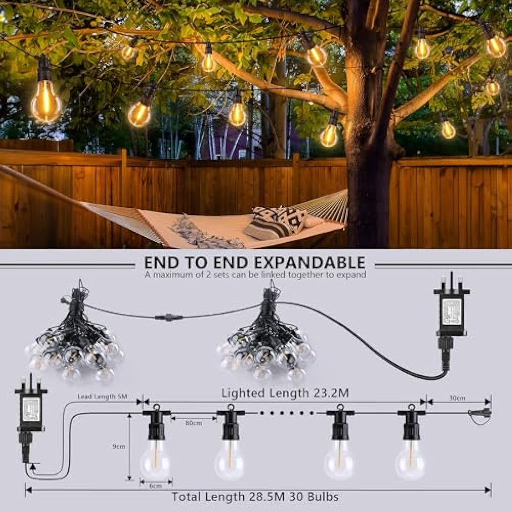 Joomer Festoon Lights Outdoor: 28.5M Mains Powered String Lights, 8 Modes