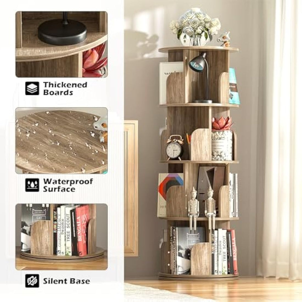 Nisorpa 4-Tier Rotating Bookshelf | 360° Spinning Wooden Bookcase