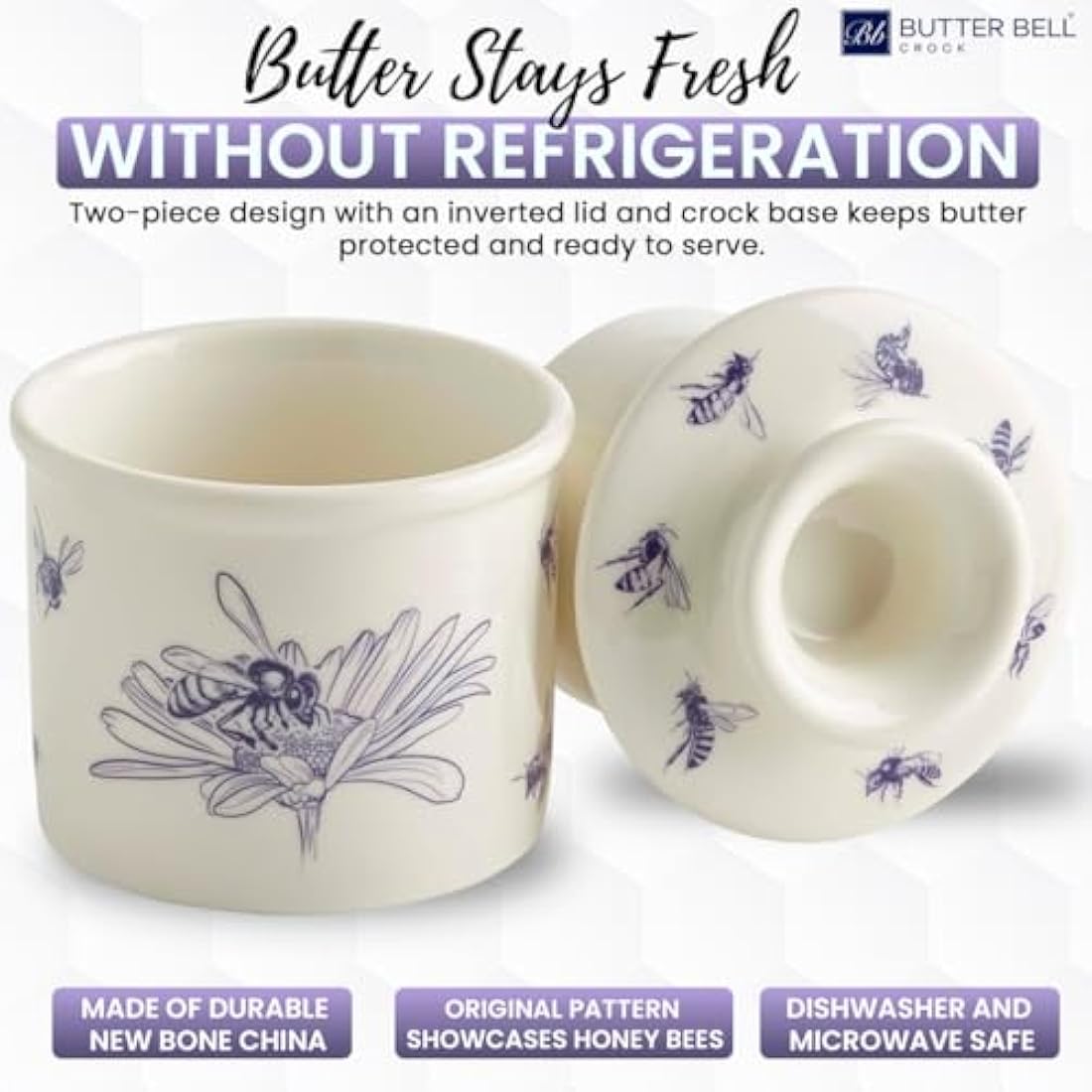 Butter Bell Ceramic Butter Crock - Farmhouse Honey Bee Blue & White