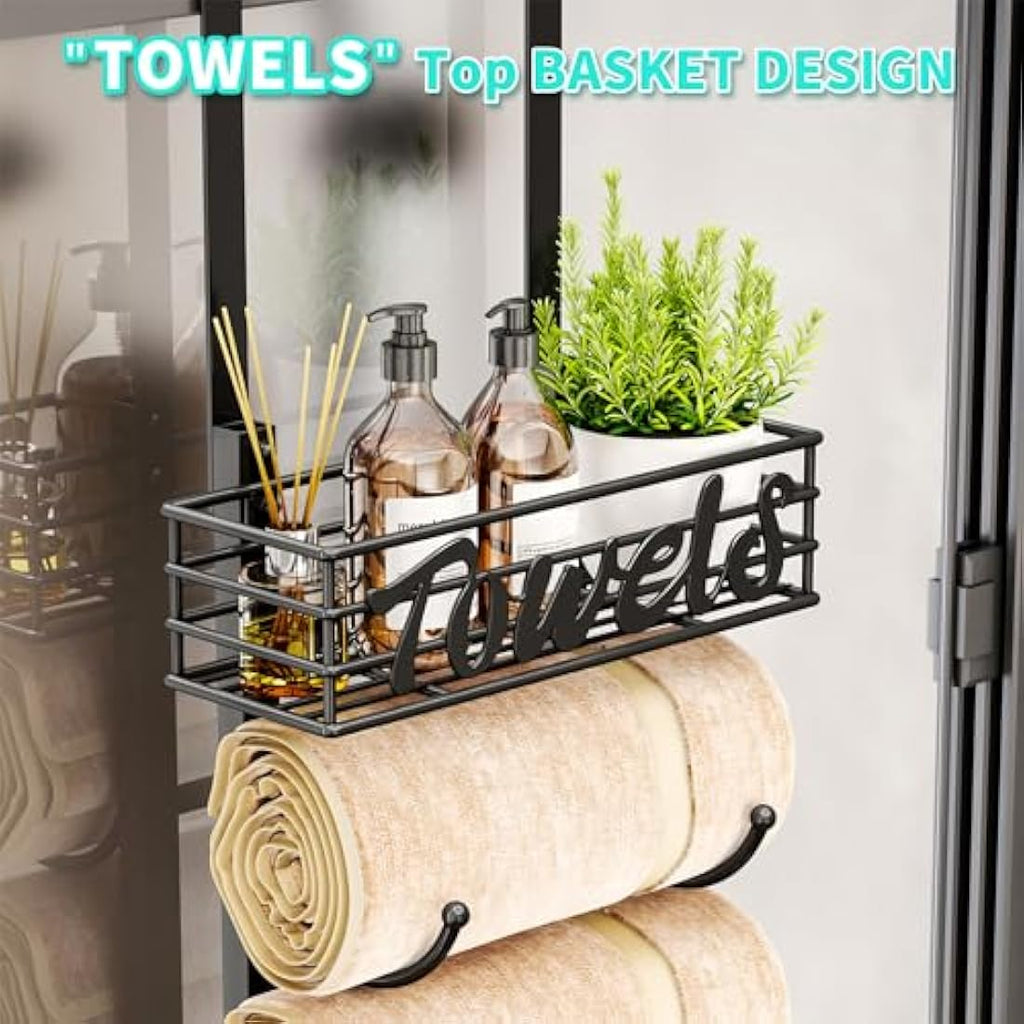HapiRm 6-Tier Over Door Towel Rack | Wall Mounted Metal Storage with Basket
