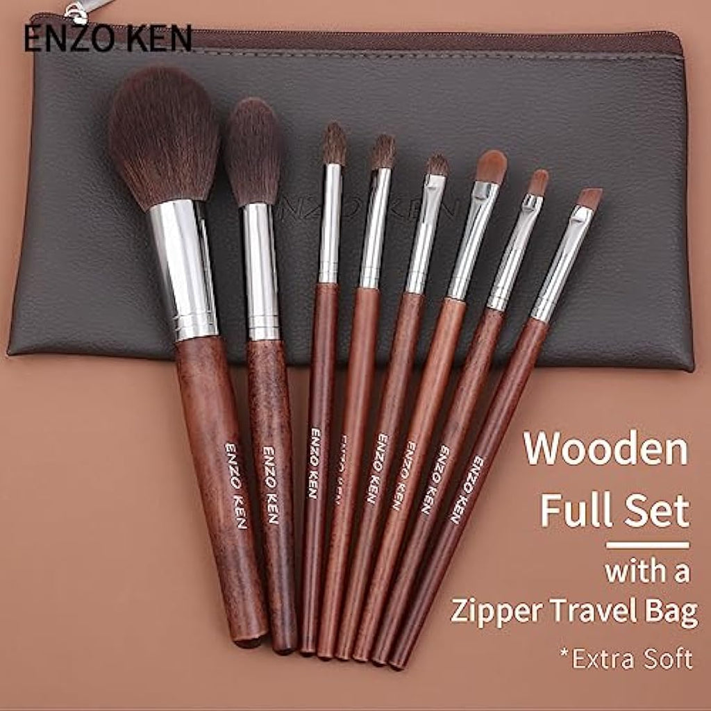 ENZO KEN Natural Horse Hair Makeup Brush Set with Walnut Handle & Case
