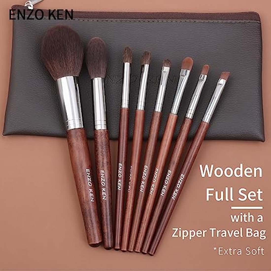 ENZO KEN Natural Horse Hair Makeup Brush Set with Walnut Handle & Case