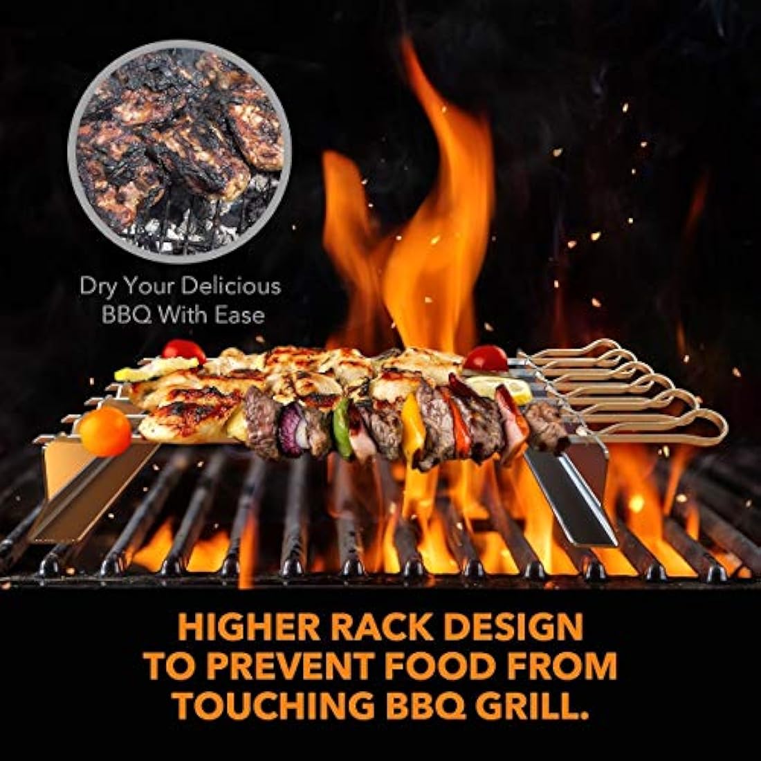 BearMoo 17” Stainless Steel Kebab Skewers with Rack Holder Set, 6PCS