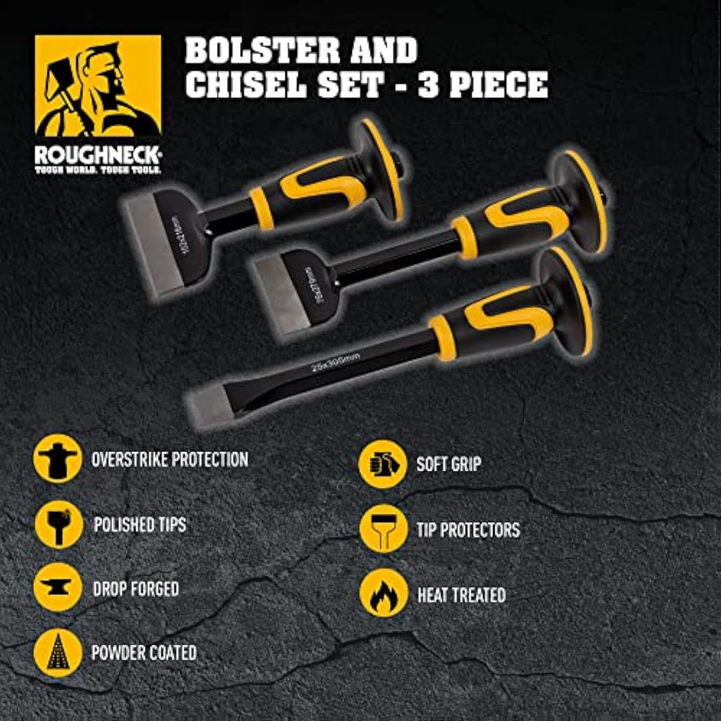 Roughneck 3-Piece Bolster & Chisel Set with Hand Guards | Heavy Duty
