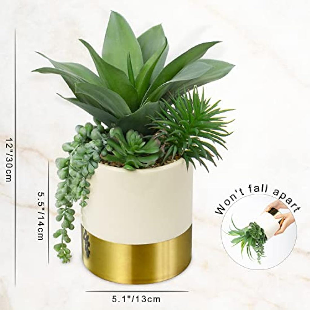 Hollyone 12" Artificial Succulent Plants in Gold Ceramic Pot – Faux Maguey