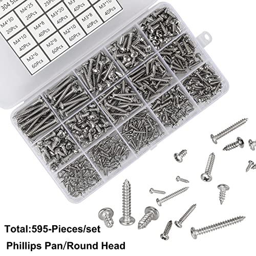 595Pcs 304 Stainless Steel Self Tapping Screws Assortment Kit