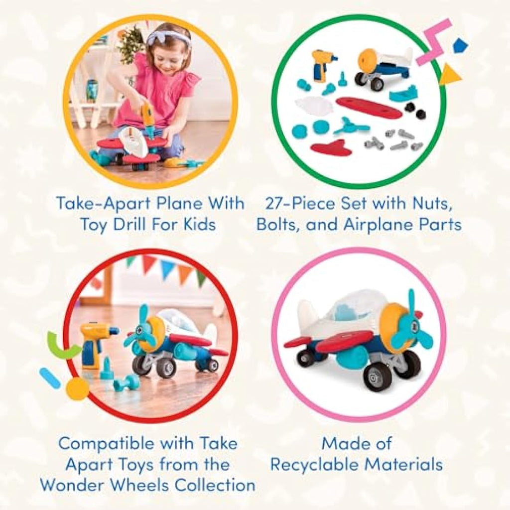 Battat Wonder Wheels Take-Apart Airplane Toy with Drill STEM Set