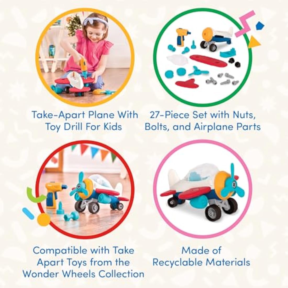 Battat Wonder Wheels Take-Apart Airplane Toy with Drill STEM Set