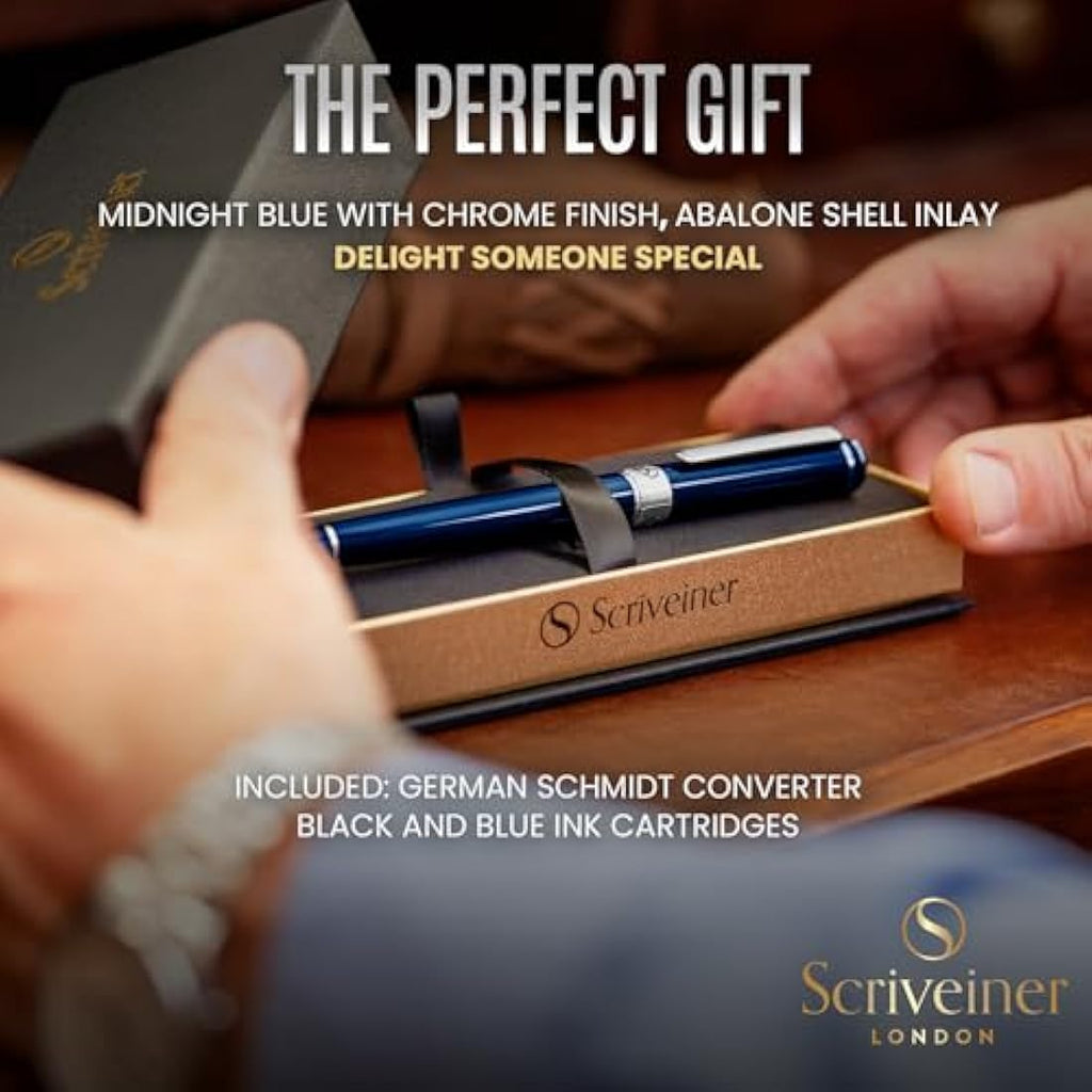 Scriveiner Blue Lacquer Fountain Pen – Fine Schmidt Nib, Chrome Finish