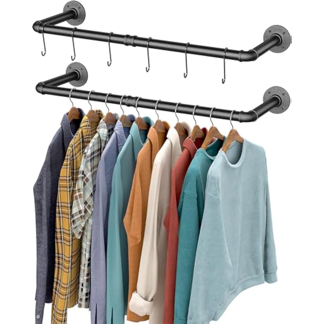 OROPY Industrial Pipe Clothes Bar Rack | Set of 2 Wall Mounted Rails