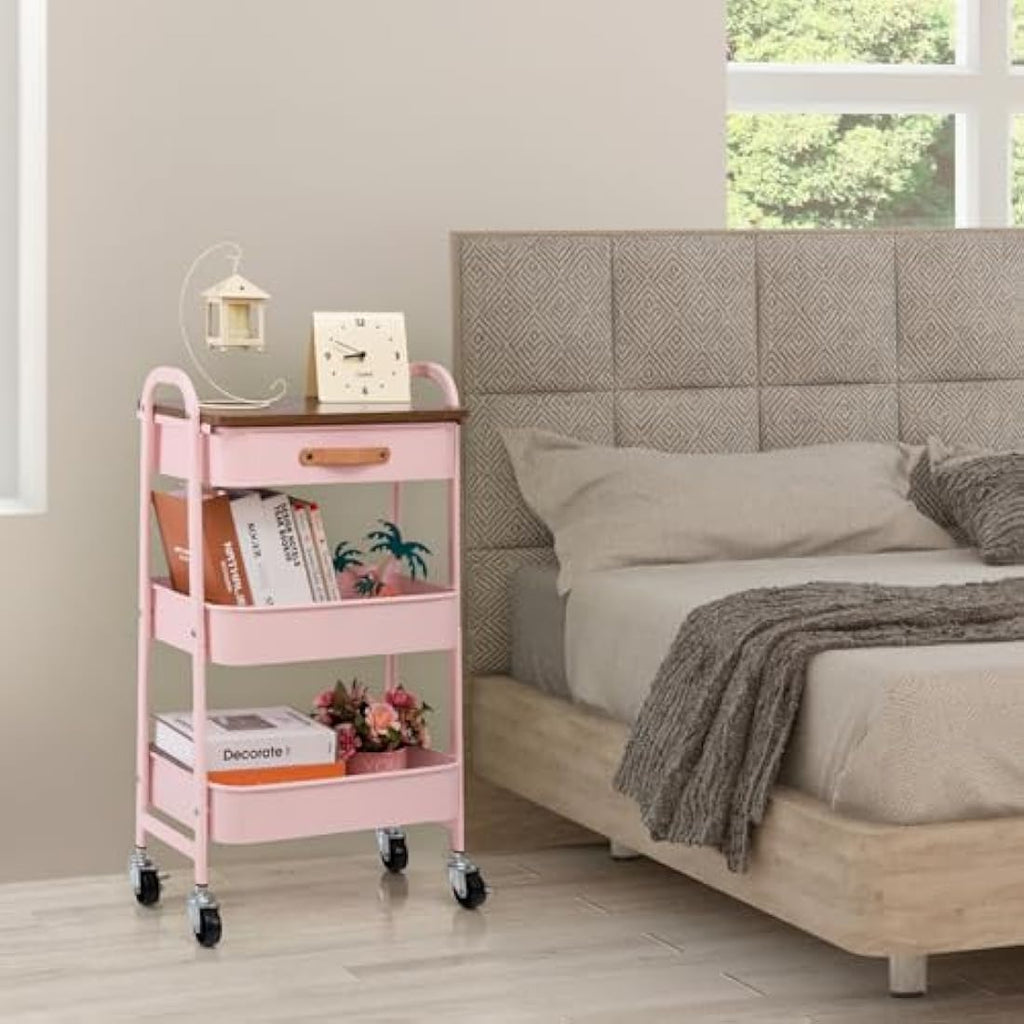 DOEWORKS 3-Tier Metal Rolling Storage Trolley with Drawer - Pink