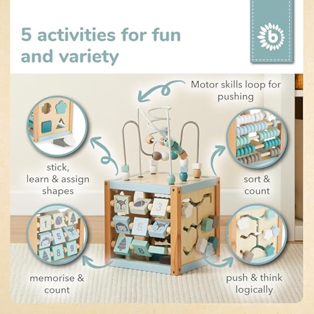 Bieco Wooden Motor Skills Activity Cube – Scandi-Chic Baby Toy from 1 Year