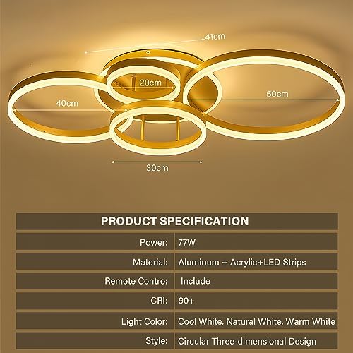 XEMQENER LED Ceiling Light | 77W Dimmable Modern 5-Ring Chandelier