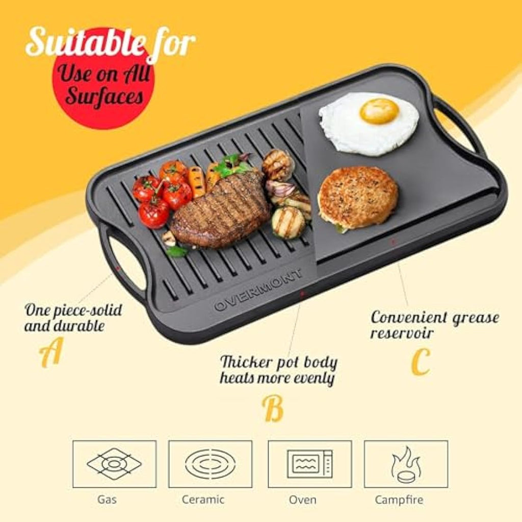 Overmont Pre-Seasoned Cast Iron Reversible Griddle Grill Pan, 17x9.8 Inch