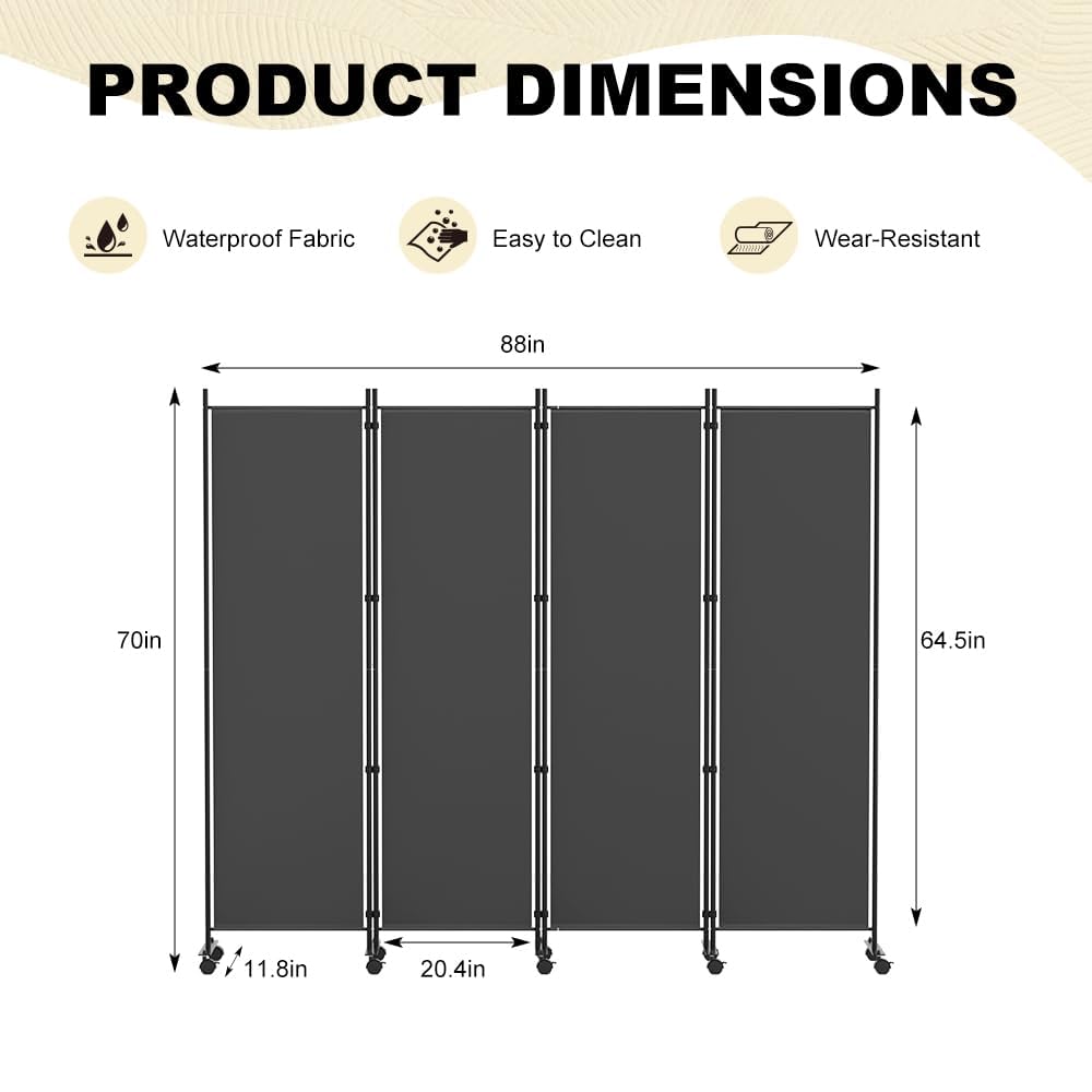 HIDODO 4 Panel Room Divider Folding Privacy Screen, Freestanding Room Partition with Lockable Wheels, Portable Wall Divider for Room Separation - image 4