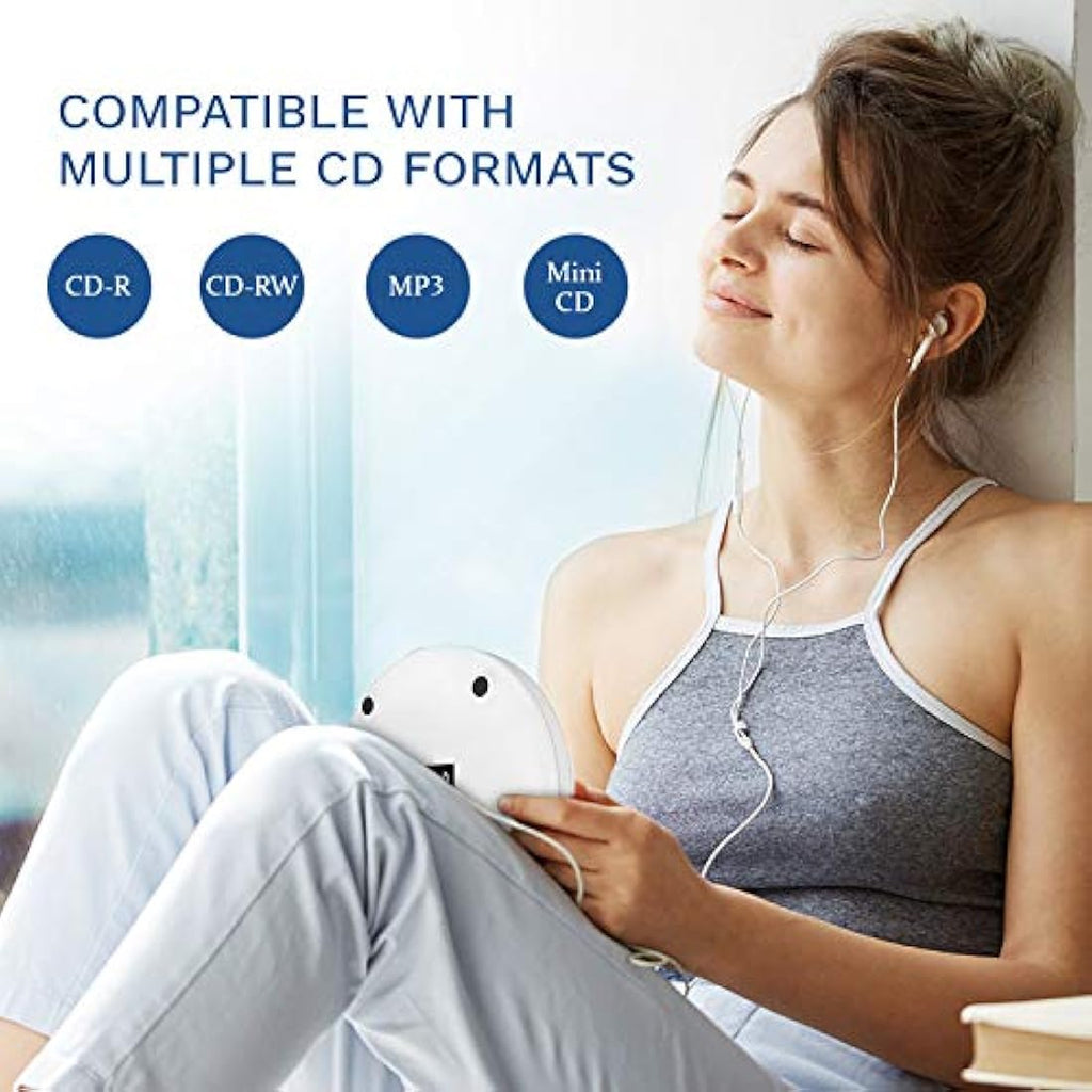 KLIM Discman Portable CD Player with Rechargeable Battery & Earbuds – White