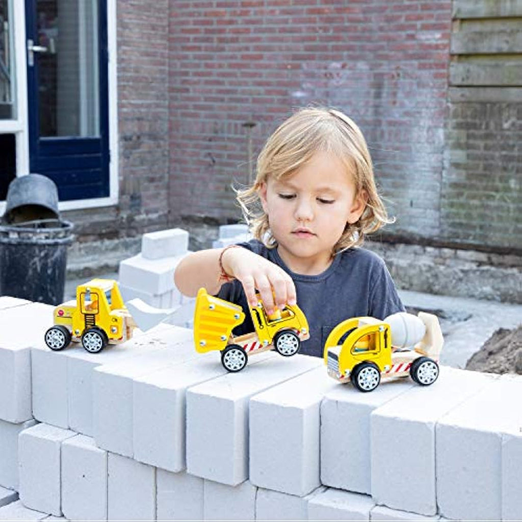 New Classic Toys Wooden Construction Vehicles Set for Toddlers – Yellow