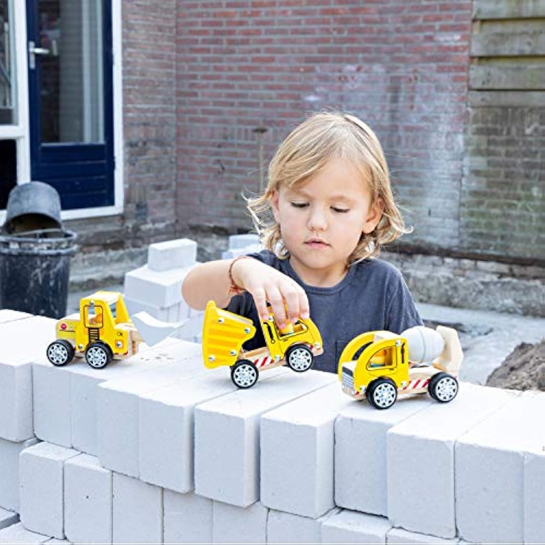 New Classic Toys Wooden Construction Vehicles Set for Toddlers – Yellow