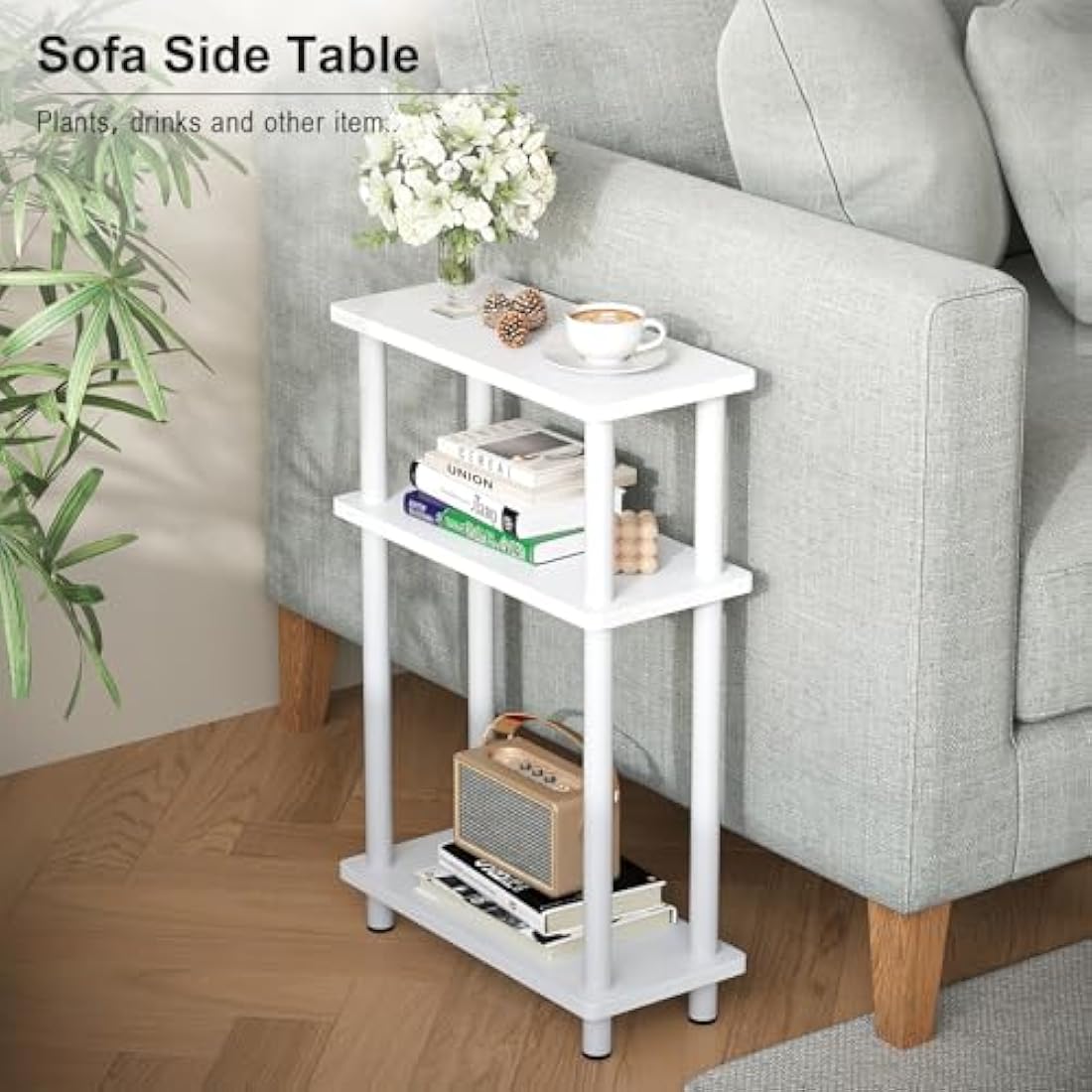 APICIZON Narrow Side Table | 3-Tier Slim End Table with Magazine Rack, White
