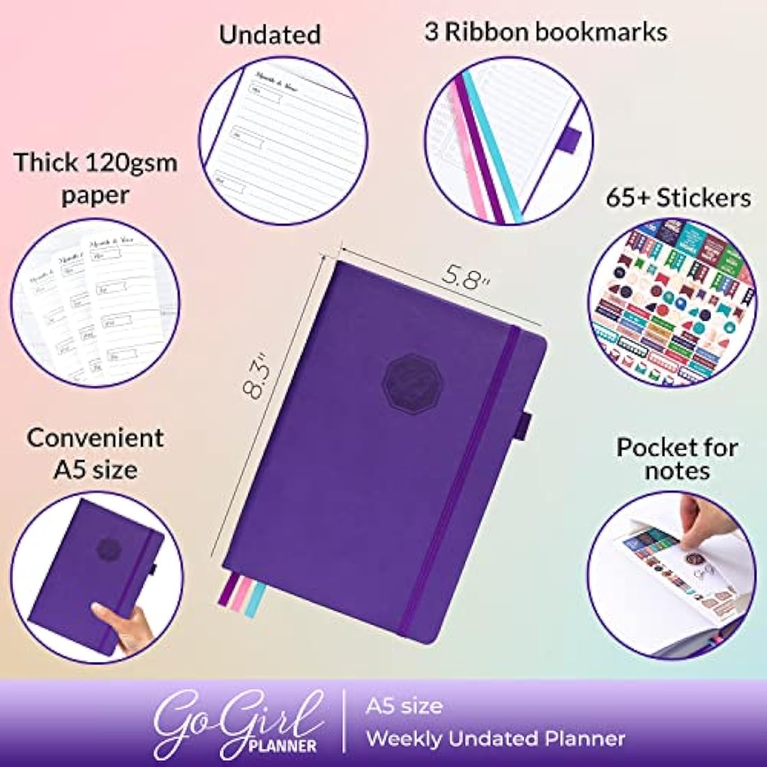 GoGirl Undated Weekly Planner – A5 Eco-Leather Goal Journal, Purple