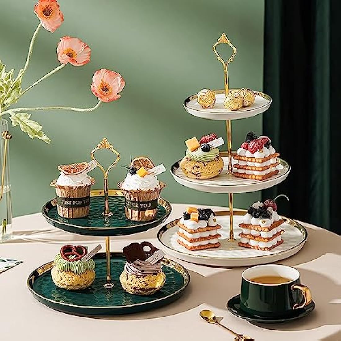 MEETOZ 2-Set White Porcelain Tiered Cupcake Stand with Gold Rods