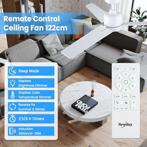 Newday 48" White Ceiling Fan with Dimmable LED Light and Remote Control