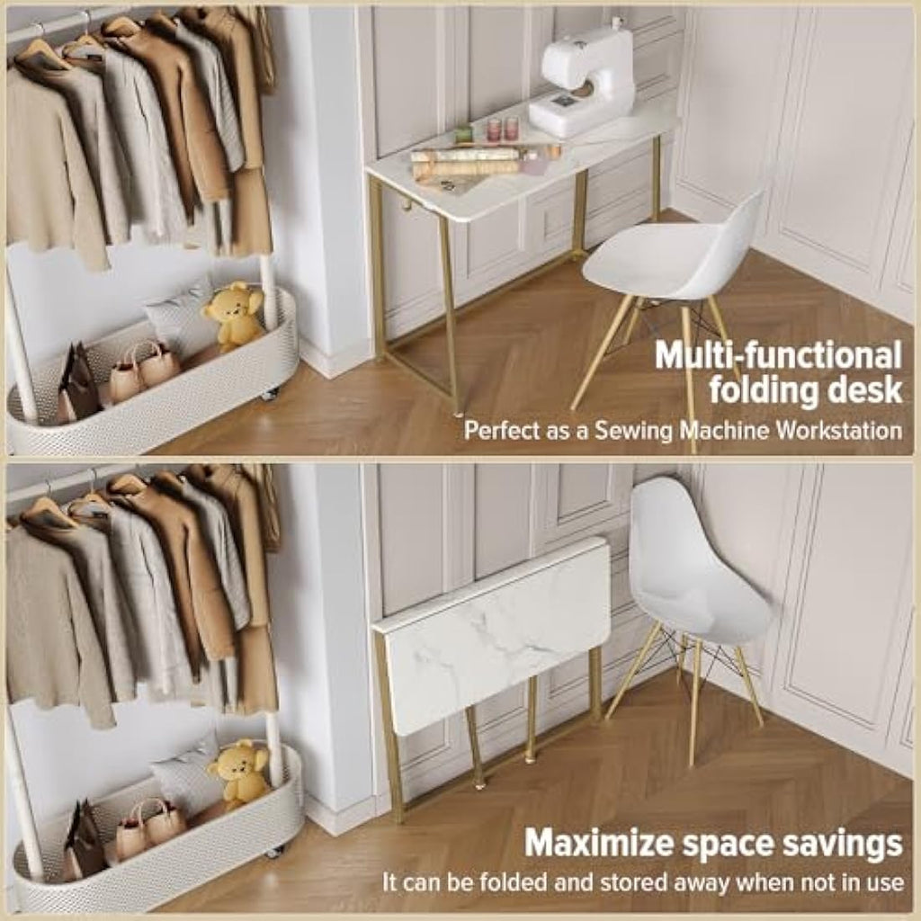 Folding Desk – Small Space-Saving Laptop Table, White and Gold