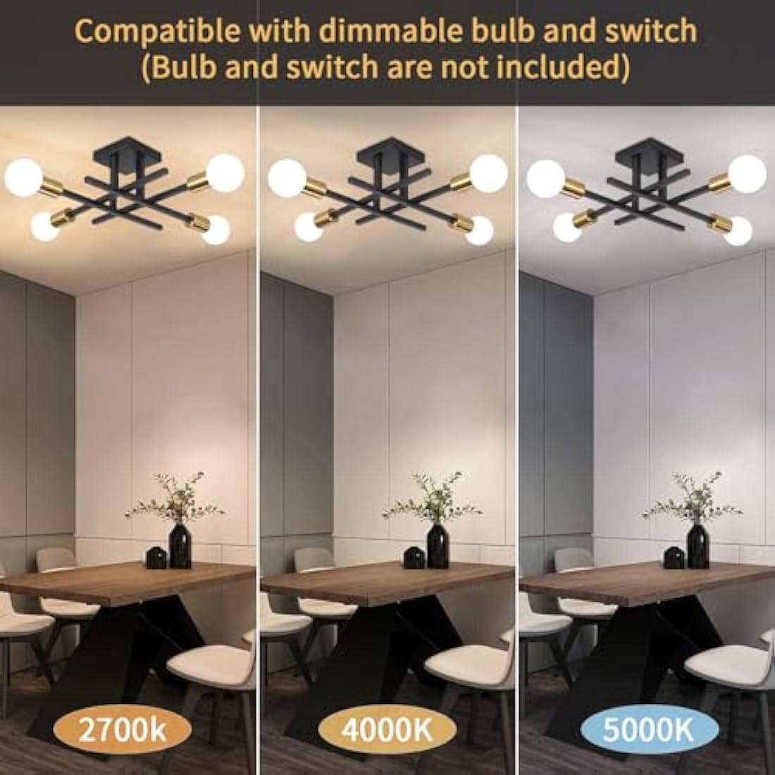 QAREHL 4-Light Modern Sputnik Chandelier – Black and Gold Metal Ceiling Light