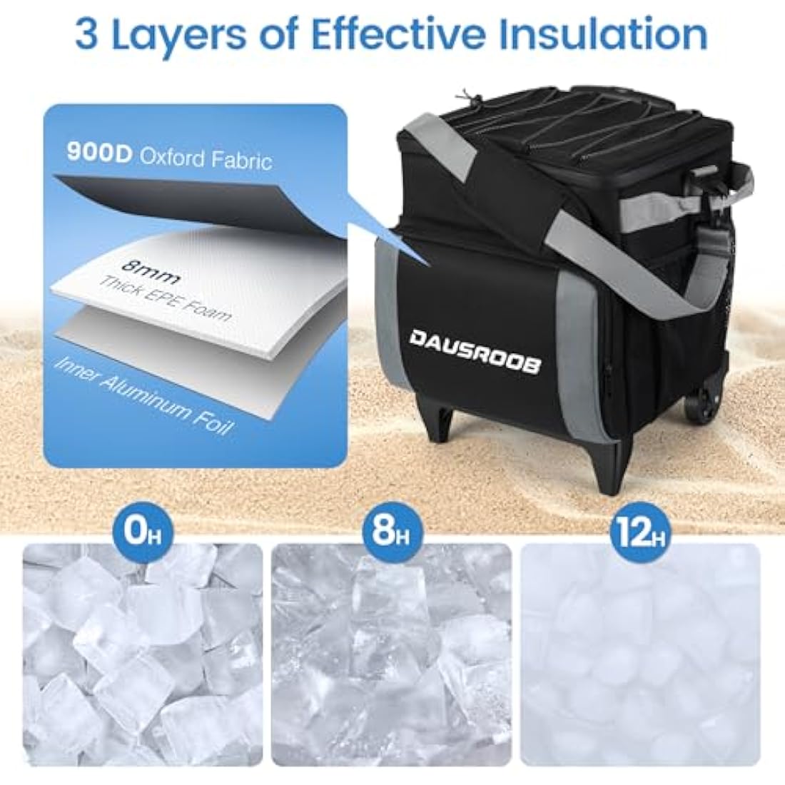 DAUSROOB Rolling Cooler | 48-Can Insulated Soft Sided Wheeled Ice Chest