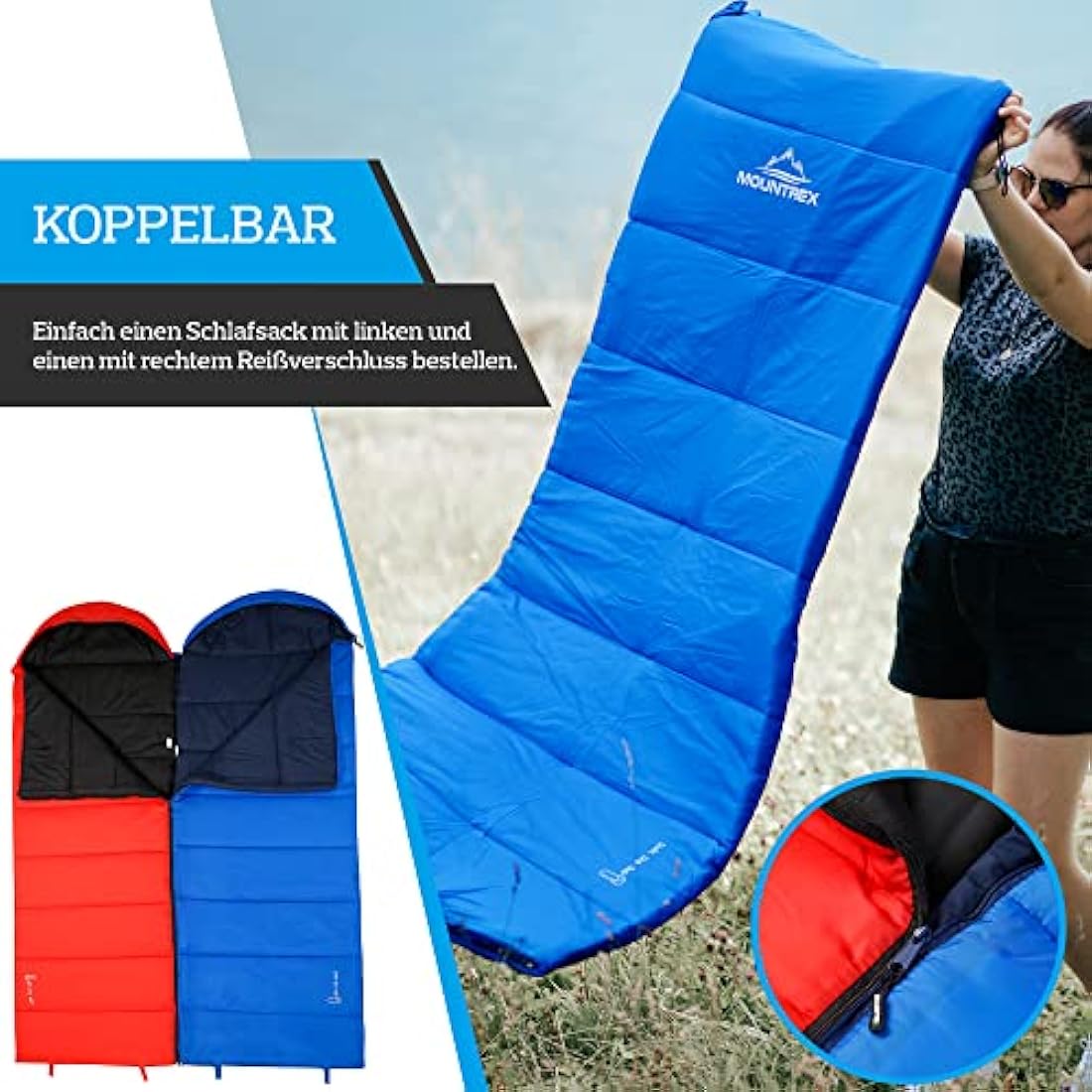 MOUNTREX 3-Season Blanket Sleeping Bag – Lightweight Nylon, Blue (Right Zip)