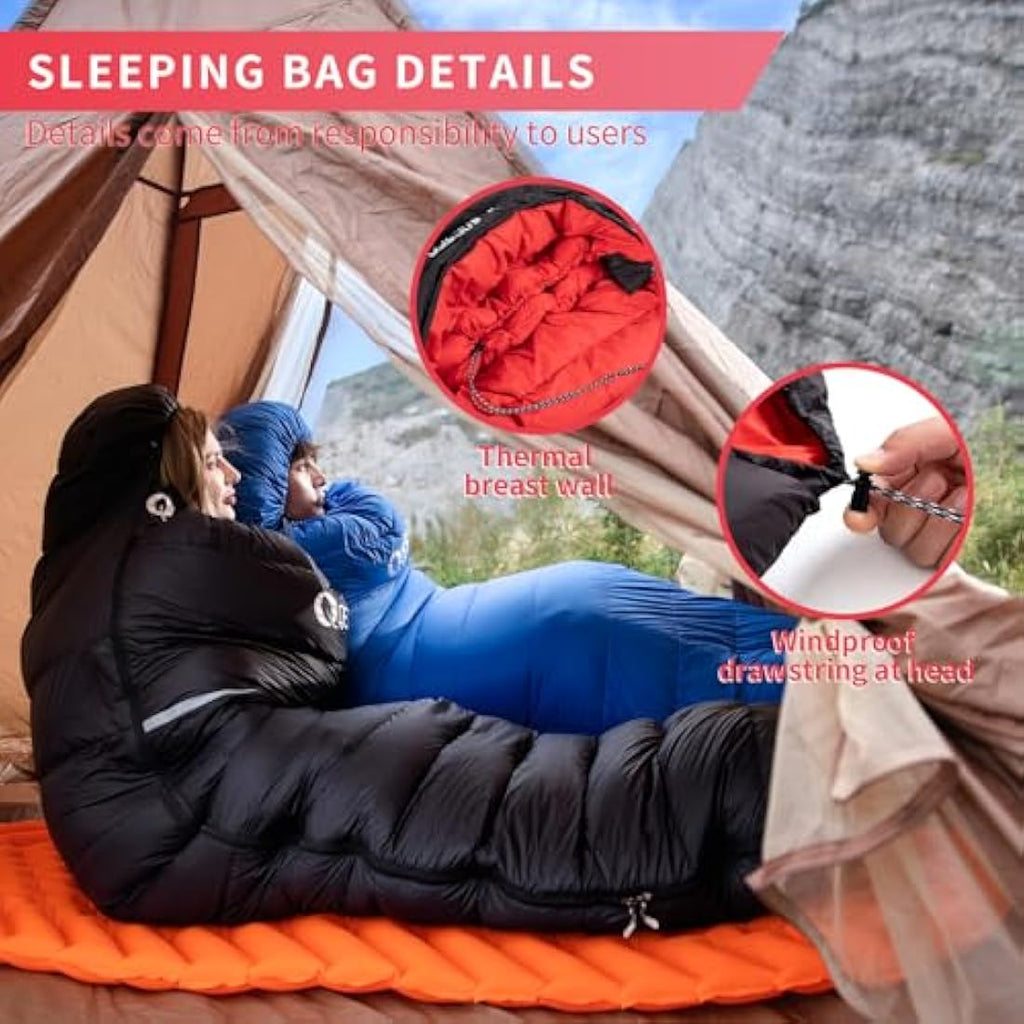 QEZER Down Sleeping Bag | Lightweight 4-Season Rectangular Nylon Bag